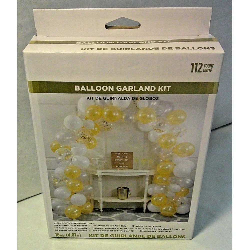 112 Piece BALLOON GARLAND KIT White, Gold, Silver, Clear - w/Arch Strip & Ribbon